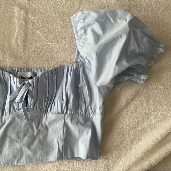 Aritzia Sunday Best Countess Blouse Medium Blue Glimmer Top Shirt puff blouse - Picture 4 of 12